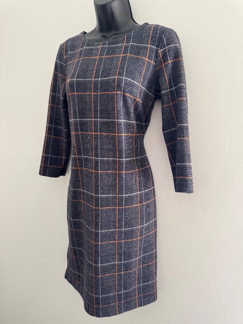 More & More Size 38 Windowpane Plaid Sheath Dress Gray Orange